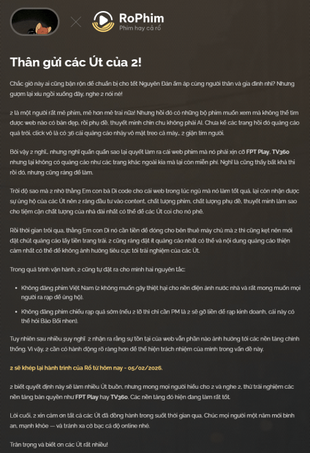 RoPhim chính thức – Đã thông báo đóng cửa – rophim.nz mới mở thay thế