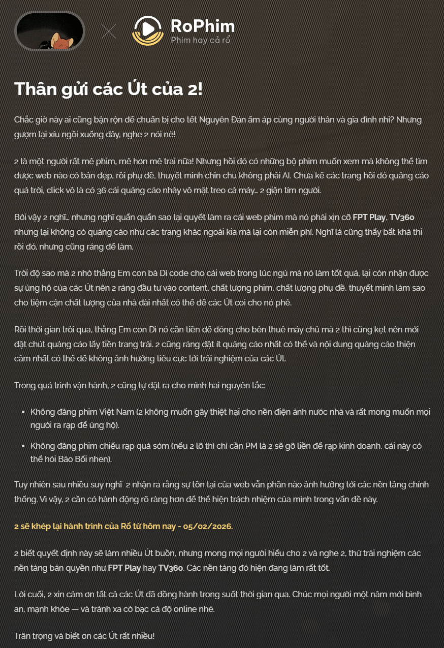 RoPhim chính thức – Đã thông báo đóng cửa – rophim.nz mới mở thay thế