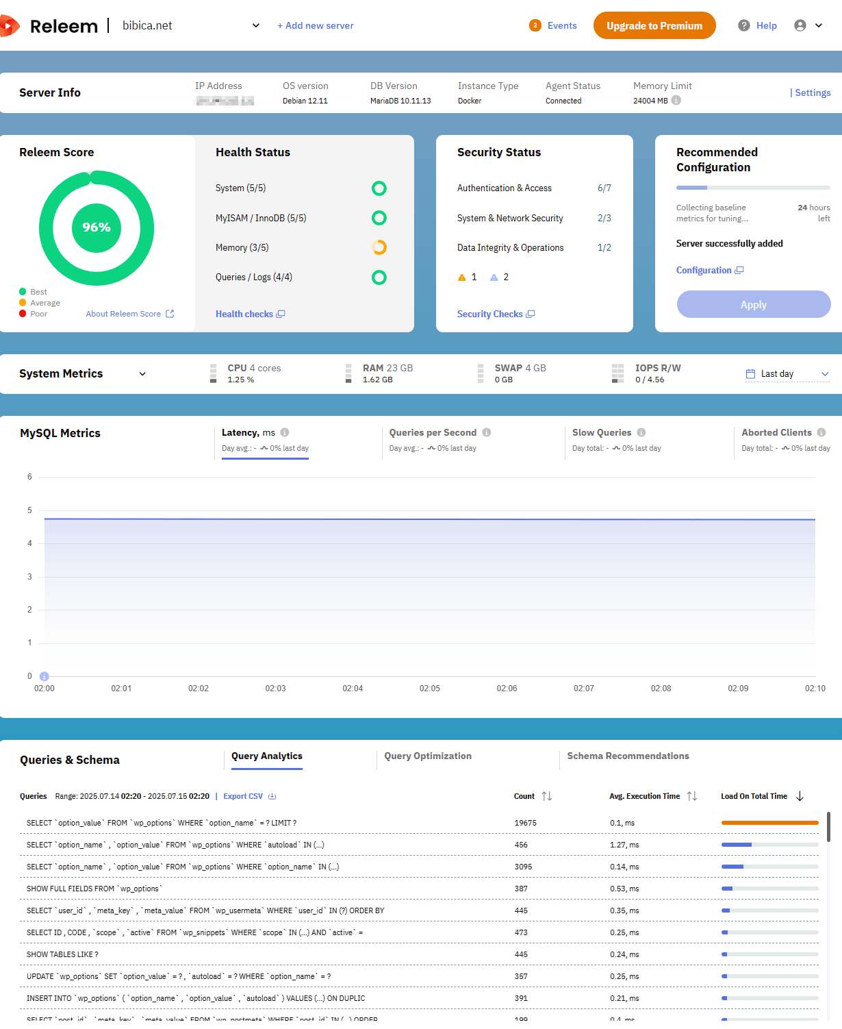 Cài đặt Releem MySQL Optimization trên Docker LCMP Multisite