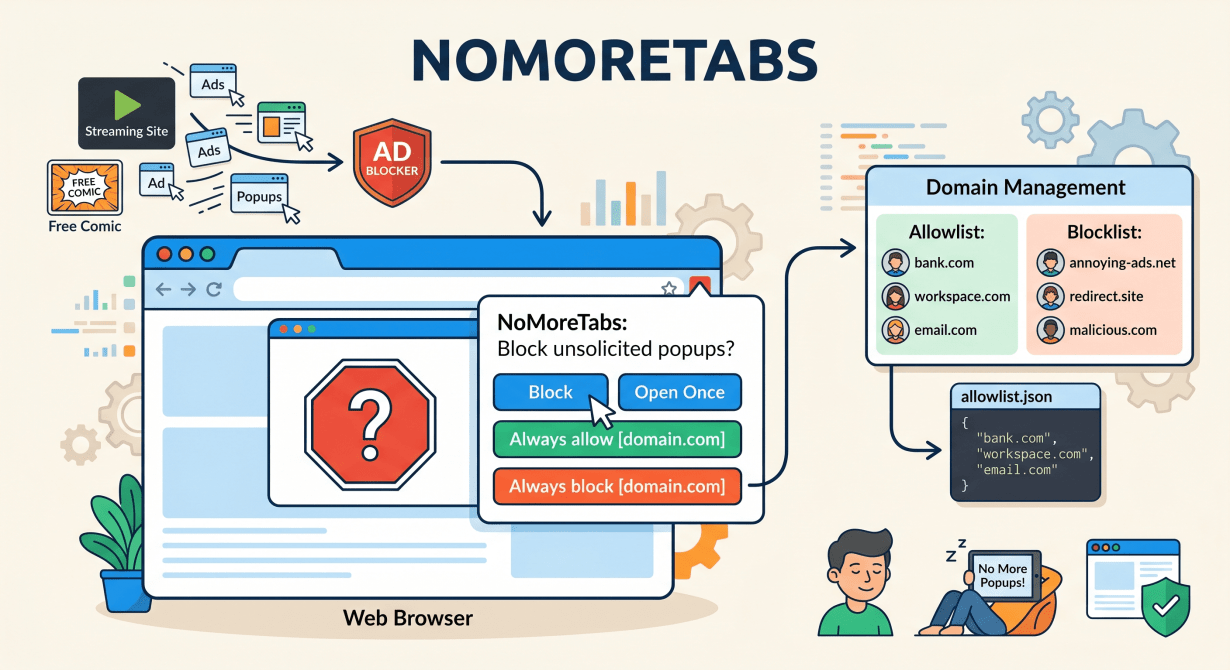 NoMoreTabs – Chromium extensions chặn popup và chuyển hướng (redirect)